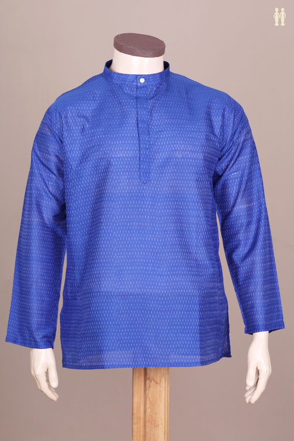 Chinese Collar Printed Design Blue Silk Cotton Short Kurta