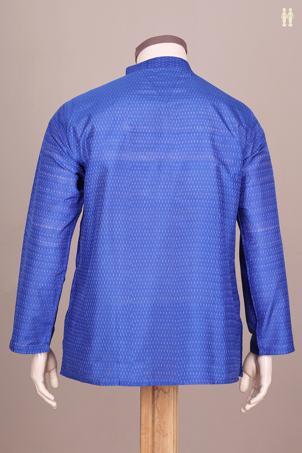 Chinese Collar Printed Design Blue Silk Cotton Short Kurta