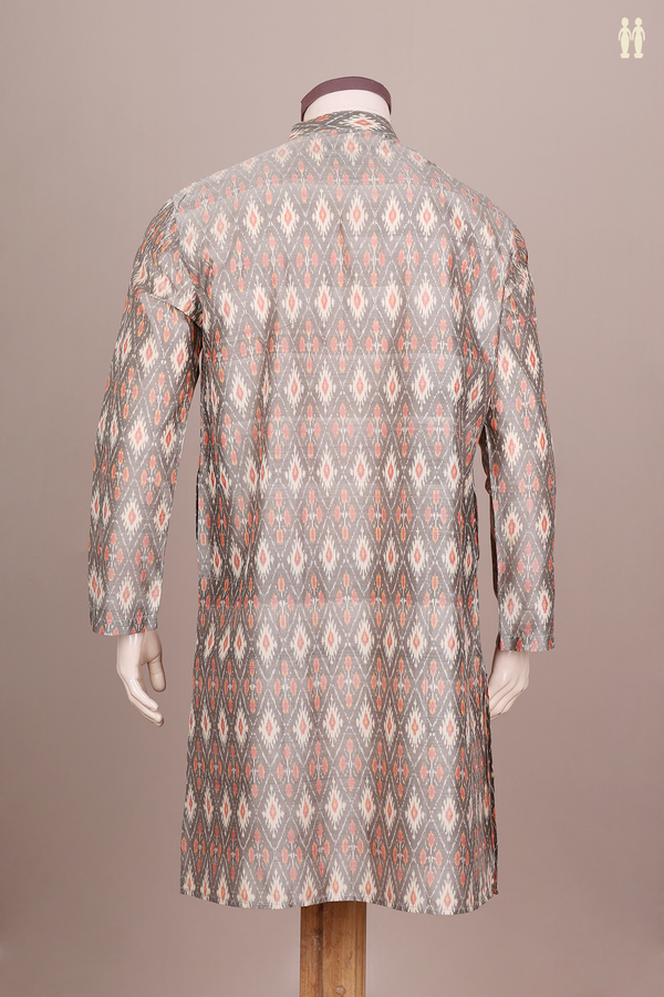 Chinese Collar Printed Design Brown Silk Cotton Long Kurta