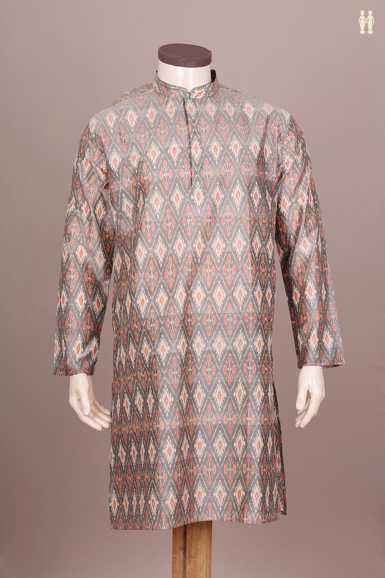 Chinese Collar Printed Design Brown Silk Cotton Long Kurta
