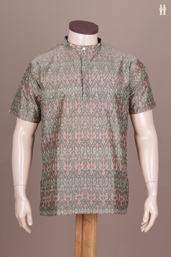 Chinese Collar Printed Design Brown Silk Cotton Short Kurta