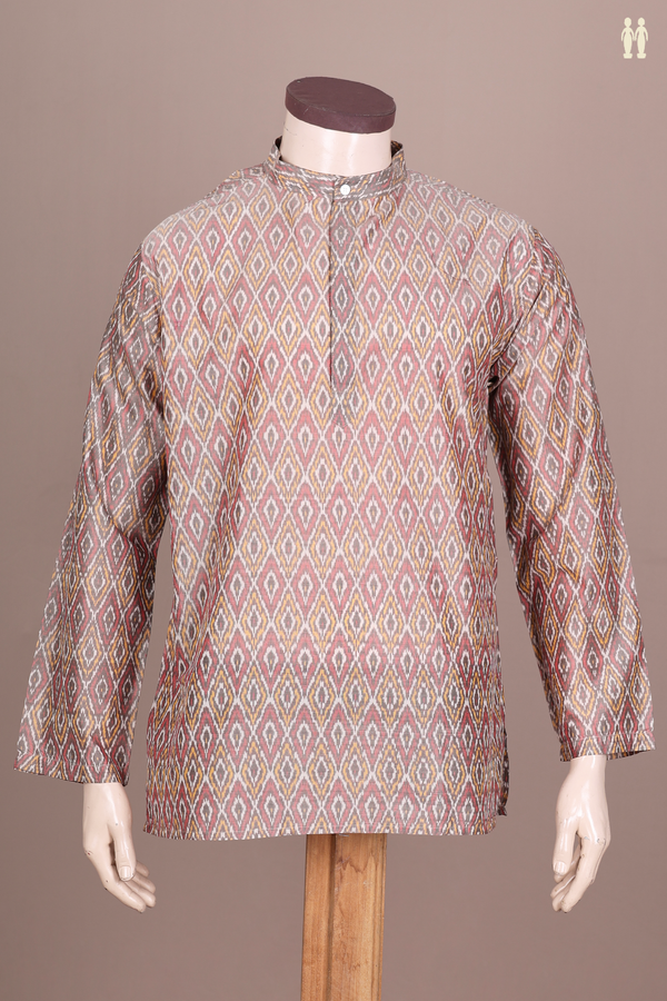 Chinese Collar Printed Design Brown Silk Cotton Short Kurta