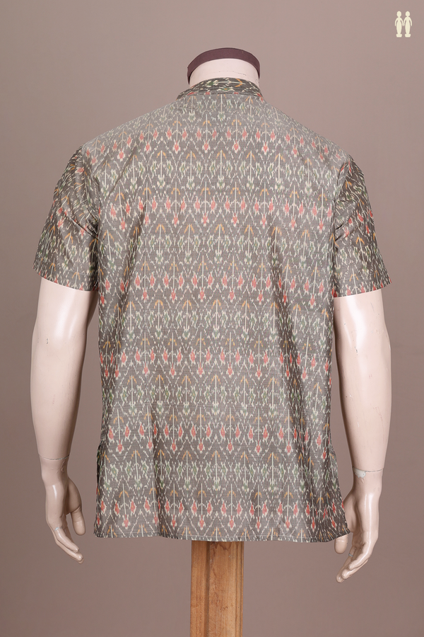 Chinese Collar Printed Design Brown Silk Cotton Short Kurta