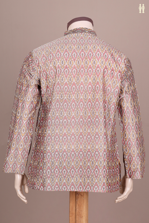 Chinese Collar Printed Design Brown Silk Cotton Short Kurta