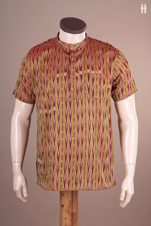 Chinese Collar Printed Design Dual Tone Ikat Cotton Short Kurta