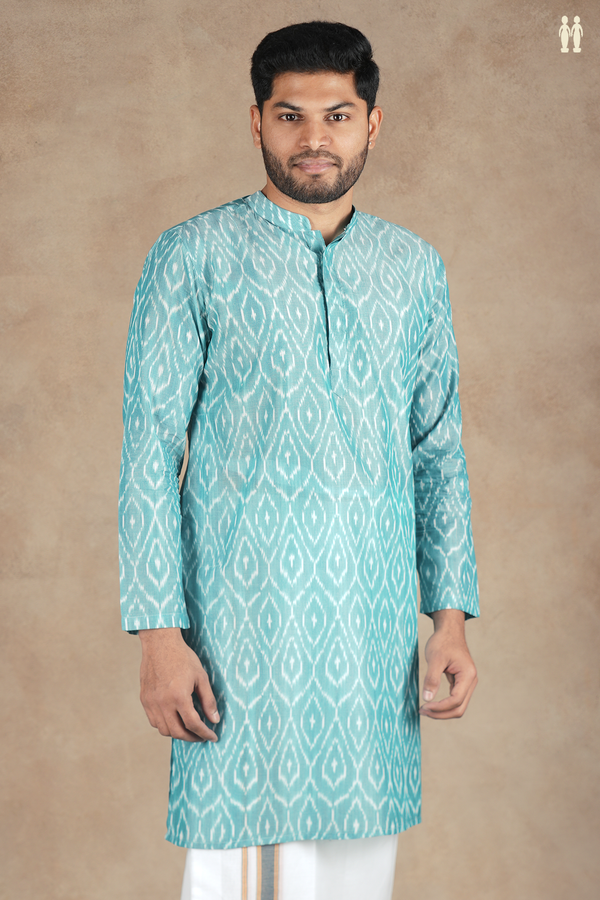 Chinese Collar Printed Design Green Ikat Cotton Long Kurta
