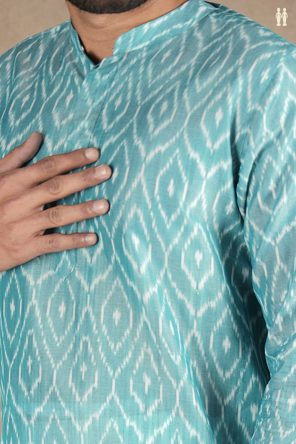 Chinese Collar Printed Design Green Ikat Cotton Long Kurta