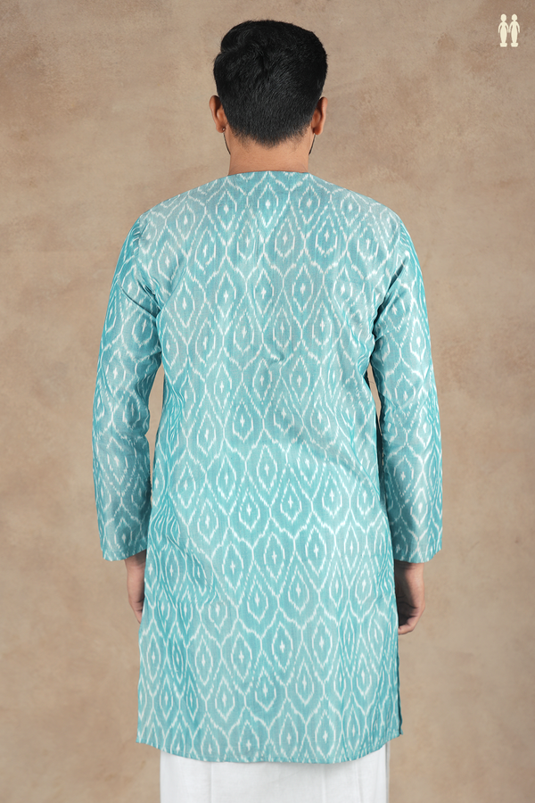 Chinese Collar Printed Design Green Ikat Cotton Long Kurta