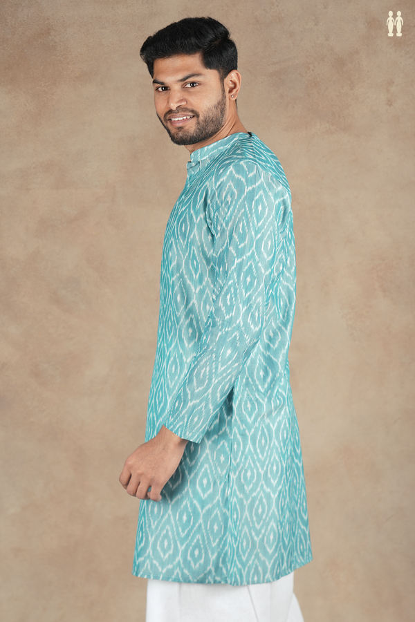 Chinese Collar Printed Design Green Ikat Cotton Long Kurta