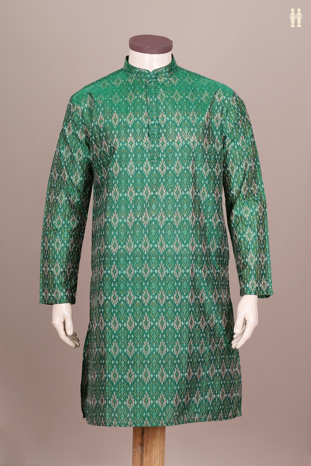 Chinese Collar Printed Design Green Silk Cotton Long Kurta