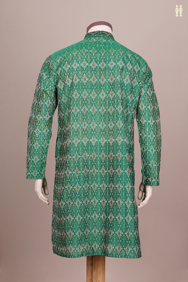 Chinese Collar Printed Design Green Silk Cotton Long Kurta