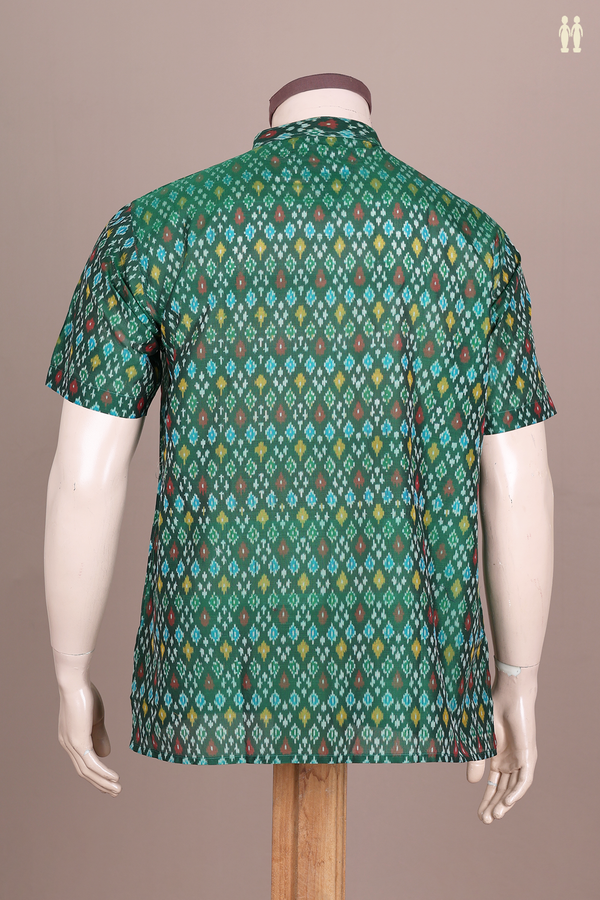 Chinese Collar Printed Design Green Silk Cotton Short Kurta