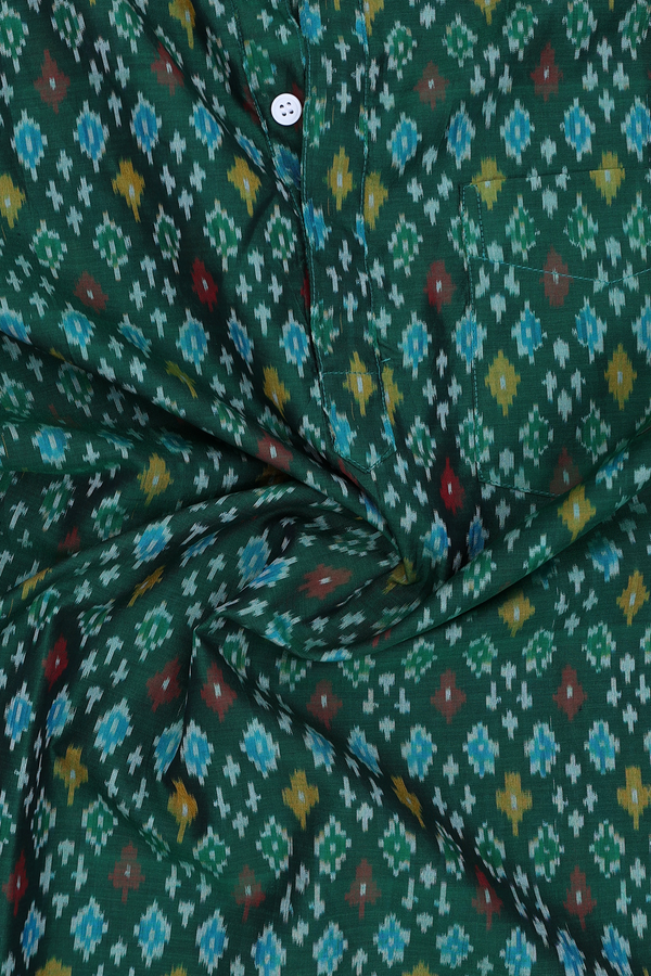 Chinese Collar Printed Design Green Silk Cotton Short Kurta