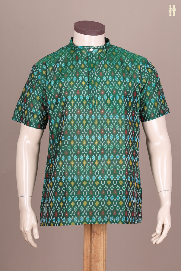 Chinese Collar Printed Design Green Silk Cotton Short Kurta
