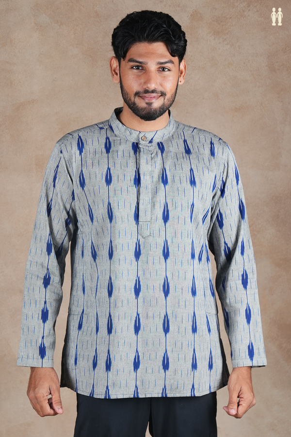 Chinese Collar Printed Design Grey Ikat Cotton Short Kurta