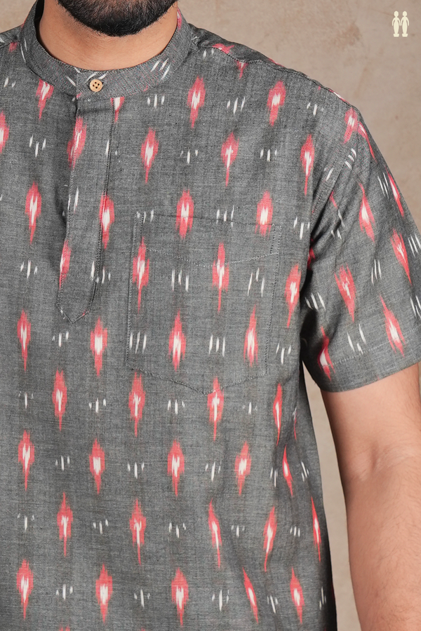 Chinese Collar Printed Design Grey Ikat Cotton Short Kurta