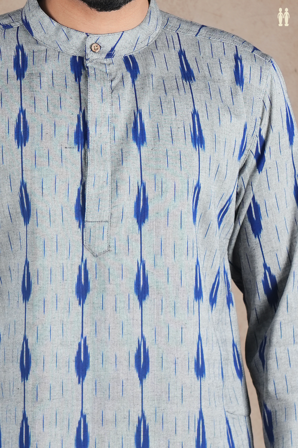 Chinese Collar Printed Design Grey Ikat Cotton Short Kurta