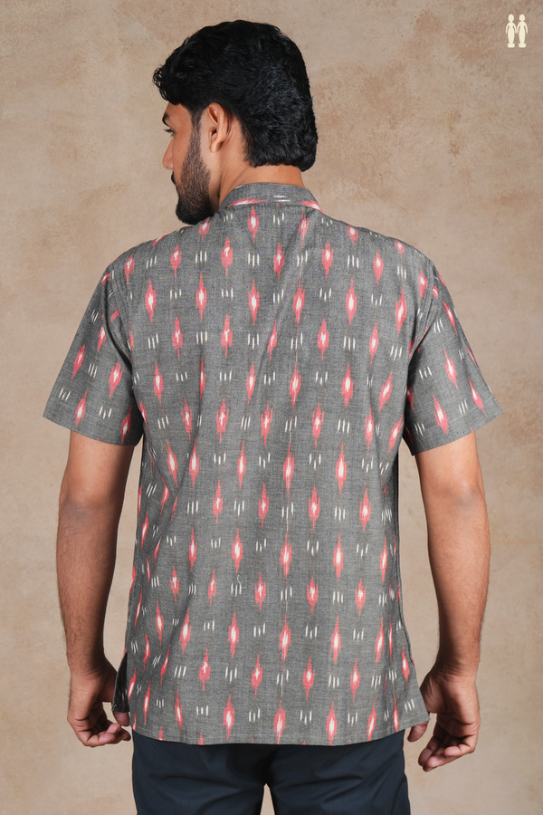 Chinese Collar Printed Design Grey Ikat Cotton Short Kurta