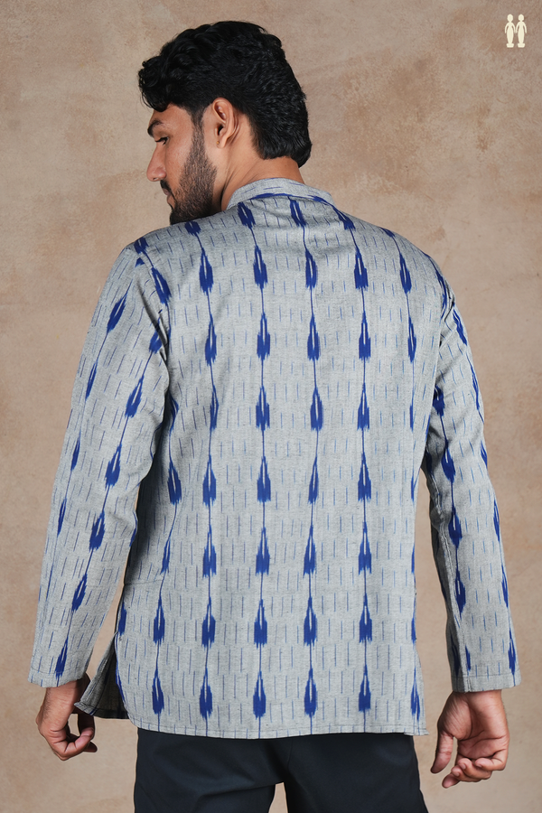 Chinese Collar Printed Design Grey Ikat Cotton Short Kurta