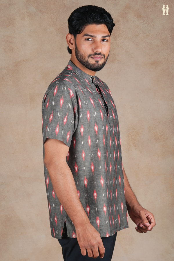 Chinese Collar Printed Design Grey Ikat Cotton Short Kurta