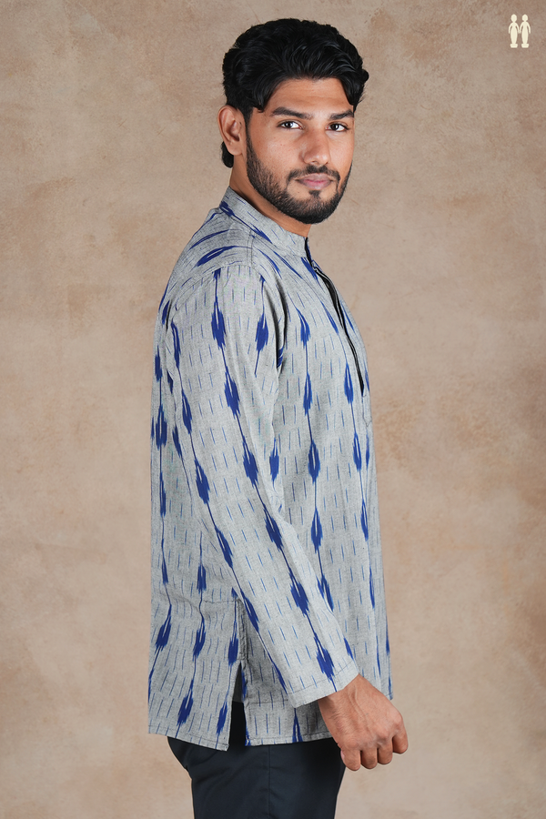 Chinese Collar Printed Design Grey Ikat Cotton Short Kurta