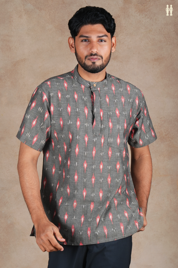 Chinese Collar Printed Design Grey Ikat Cotton Short Kurta
