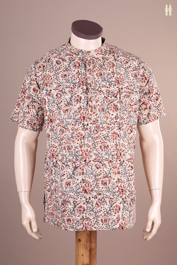Chinese Collar Printed Design Ivory Cotton Short Kurta