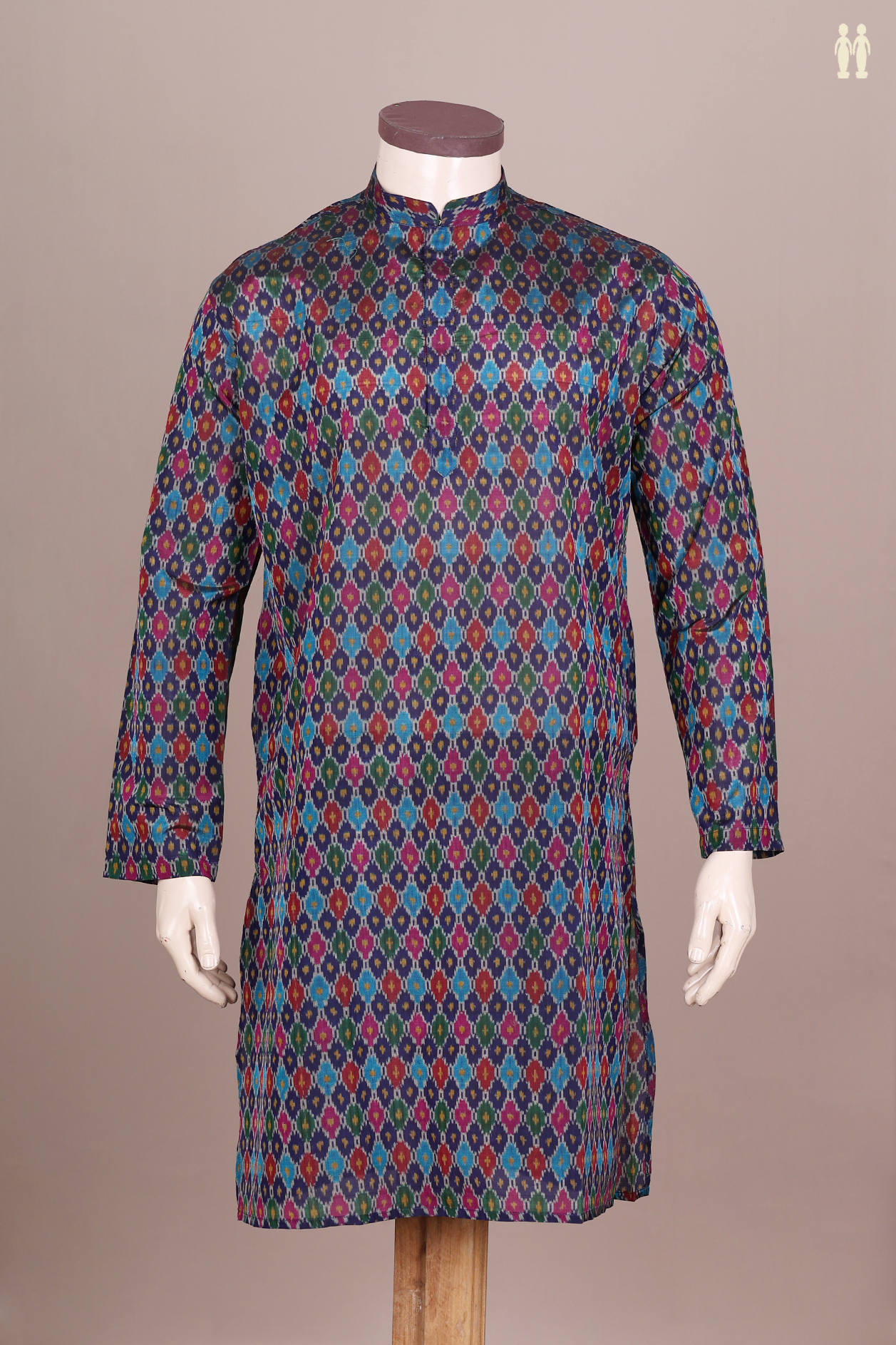 Chinese Collar Printed Design Multicolor Silk Cotton Long Kurta
