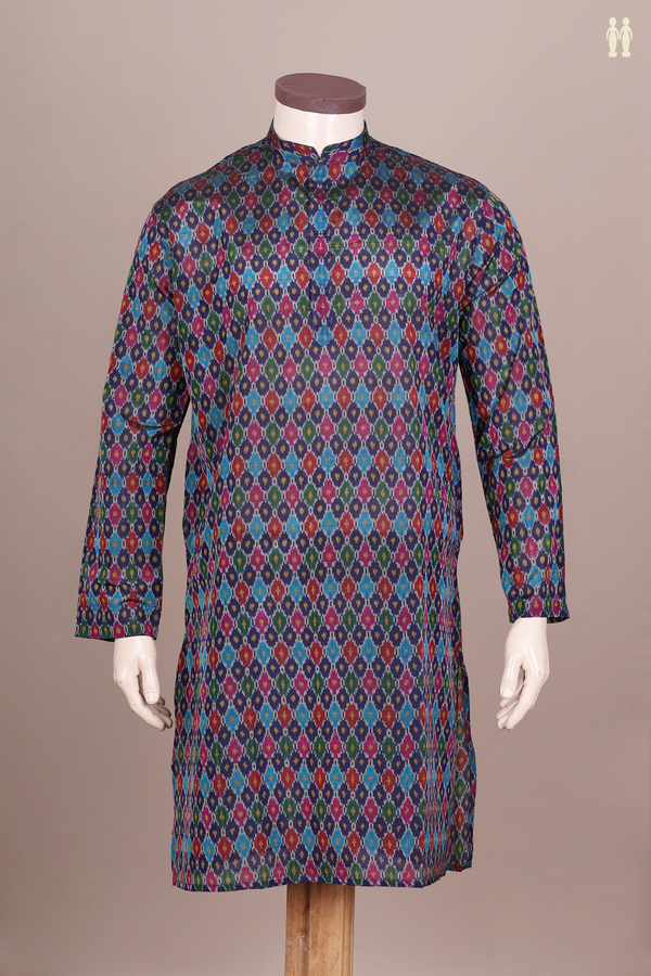 Chinese Collar Printed Design Multicolor Silk Cotton Long Kurta