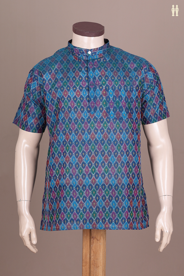 Chinese Collar Printed Design Multicolor Silk Cotton Short Kurta