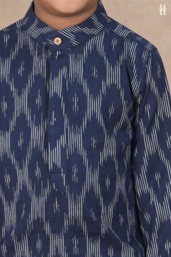 Chinese Collar Printed Design Navy Blue Cotton Long Kurta