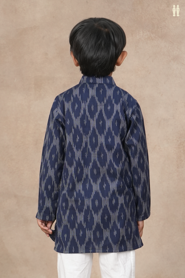 Chinese Collar Printed Design Navy Blue Cotton Long Kurta