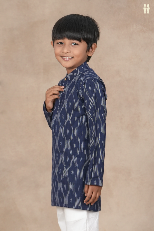 Chinese Collar Printed Design Navy Blue Cotton Long Kurta