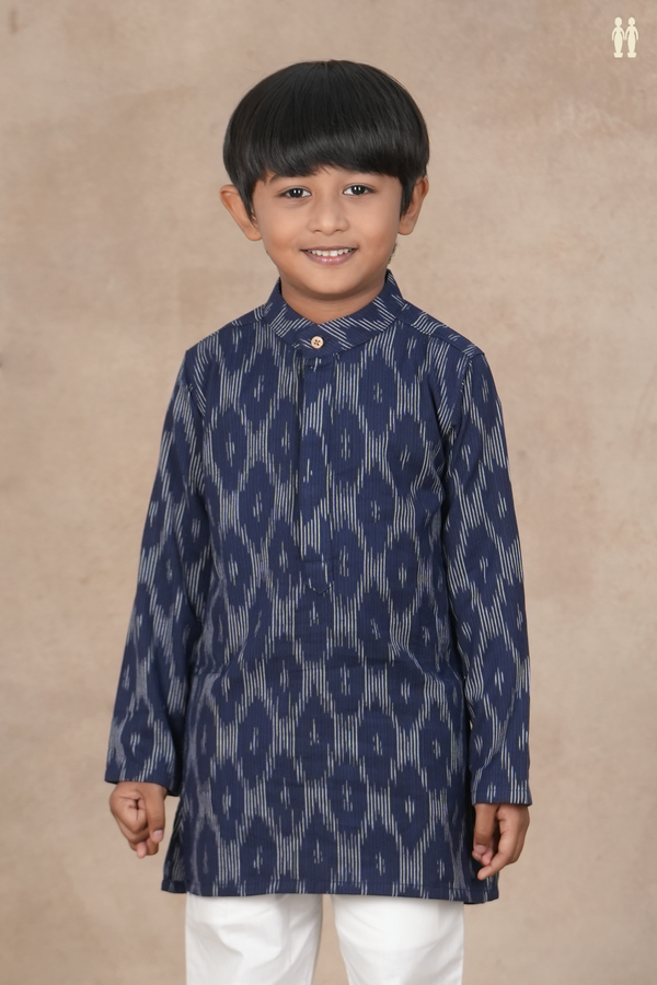 Chinese Collar Printed Design Navy Blue Cotton Long Kurta