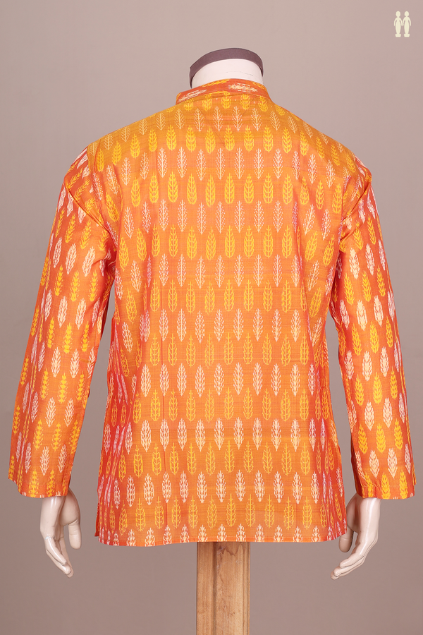 Chinese Collar Printed Design Orange Silk Cotton Short Kurta