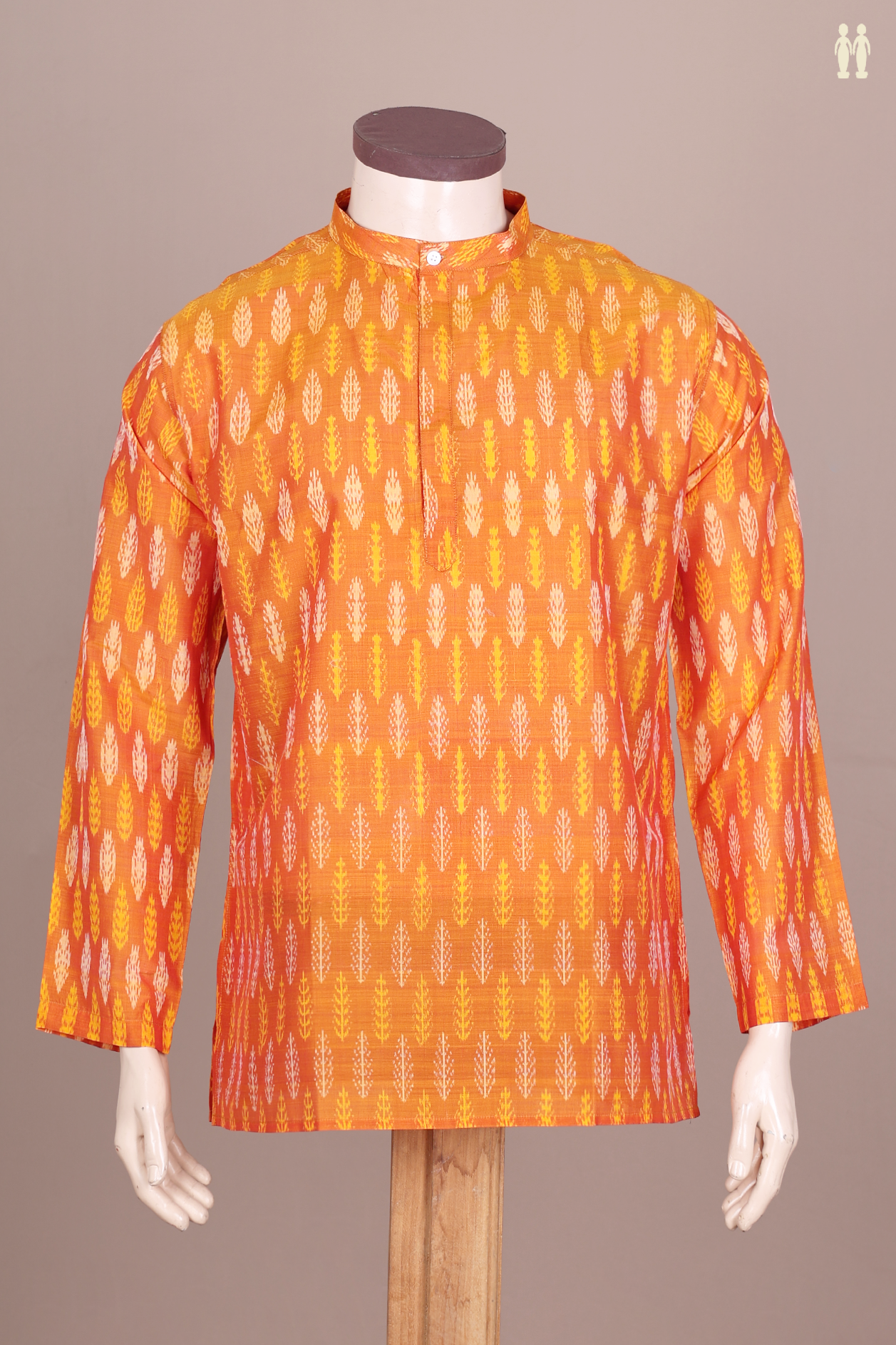 Chinese Collar Printed Design Orange Silk Cotton Short Kurta