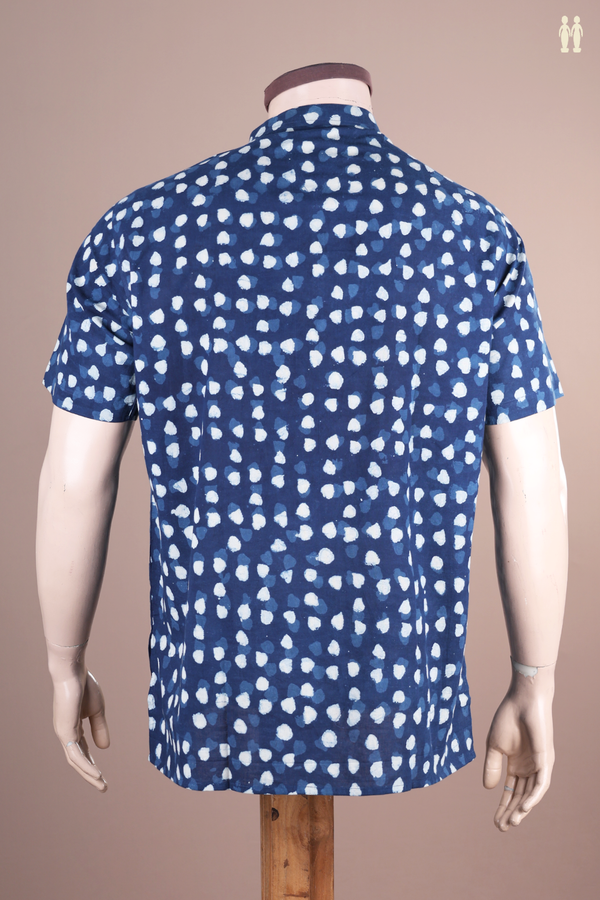 Chinese Collar Printed Design Oxford Blue Cotton Short Kurta
