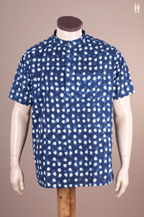 Chinese Collar Printed Design Oxford Blue Cotton Short Kurta