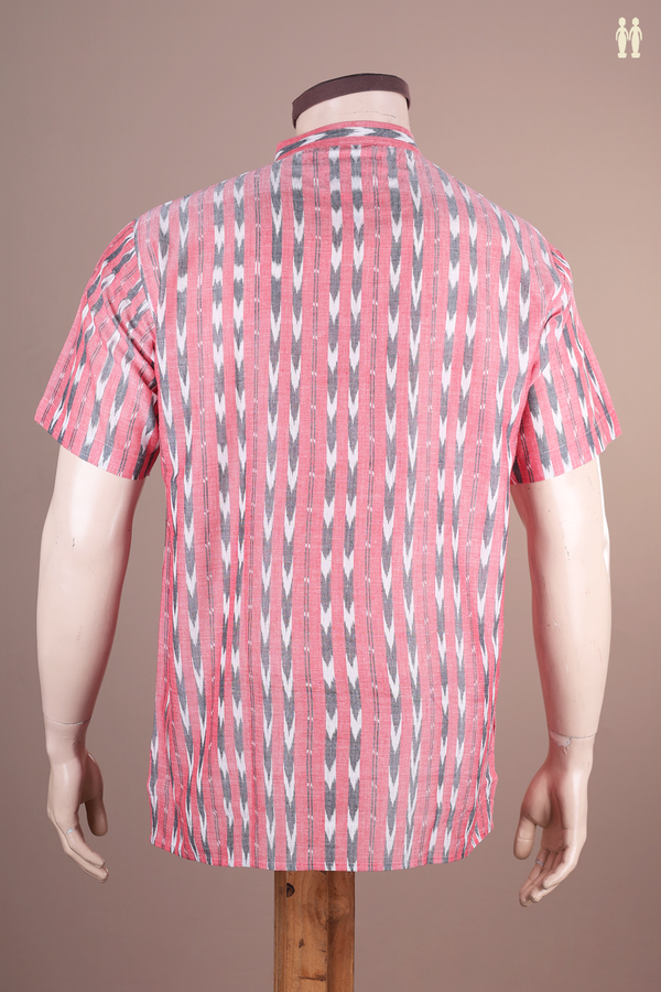 Chinese Collar Printed Design Pink Ikat Cotton Short Kurta