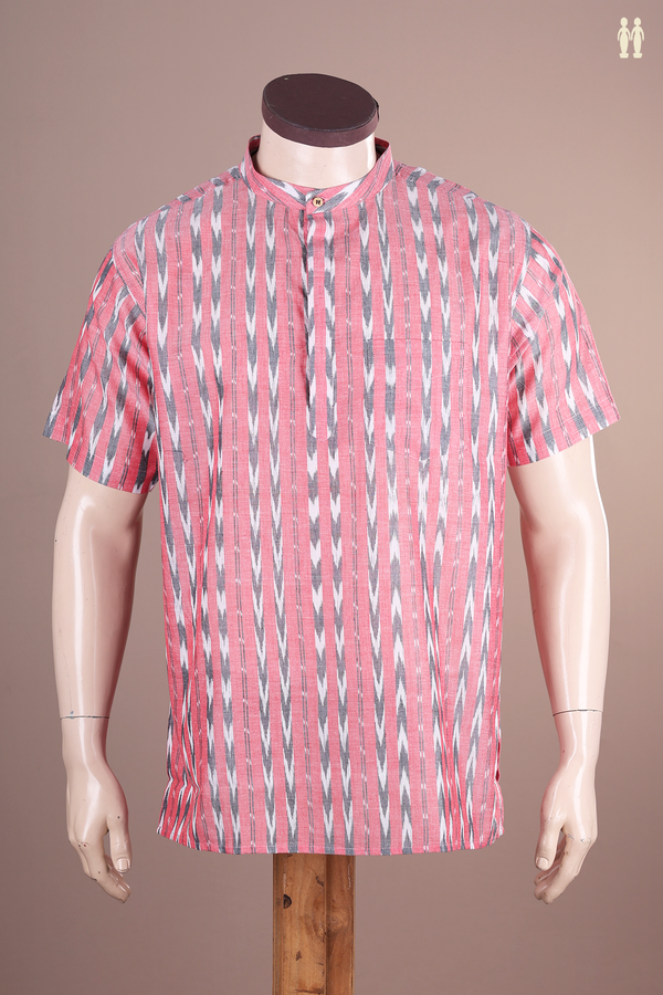 Chinese Collar Printed Design Pink Ikat Cotton Short Kurta