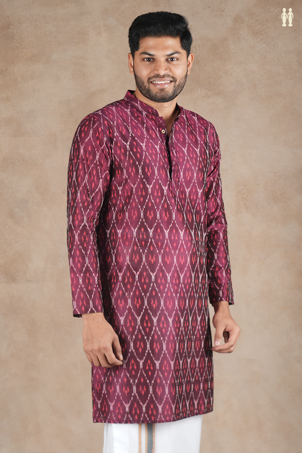 Chinese Collar Printed Design Berry Purple Ikat Cotton Long Kurta