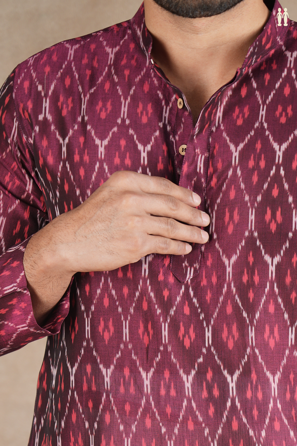 Chinese Collar Printed Design Berry Purple Ikat Cotton Long Kurta