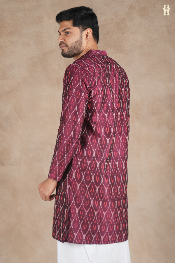 Chinese Collar Printed Design Berry Purple Ikat Cotton Long Kurta