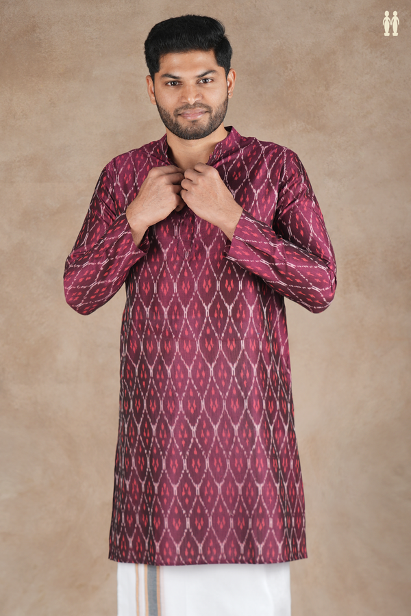 Chinese Collar Printed Design Berry Purple Ikat Cotton Long Kurta
