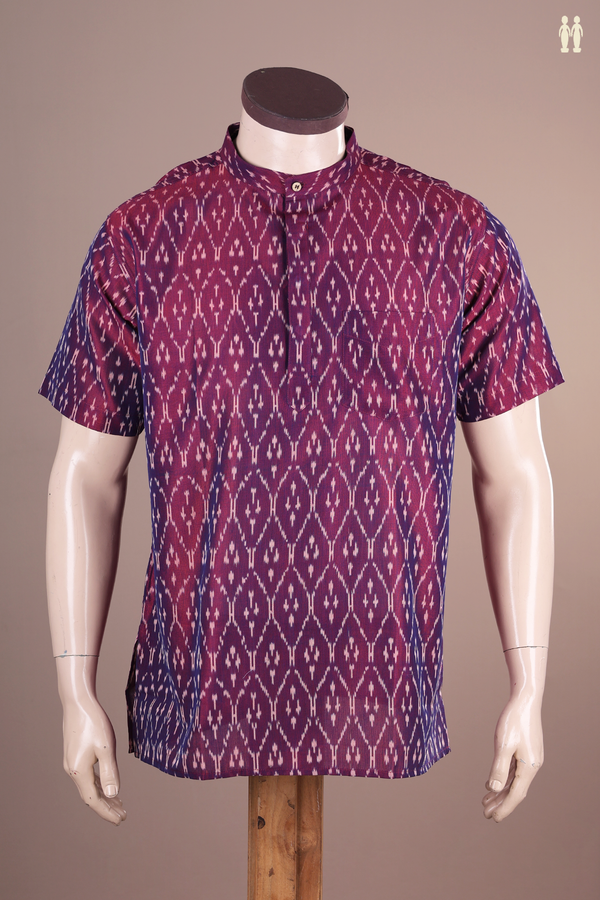 Chinese Collar Printed Design Purple Ikat Cotton Short Kurta