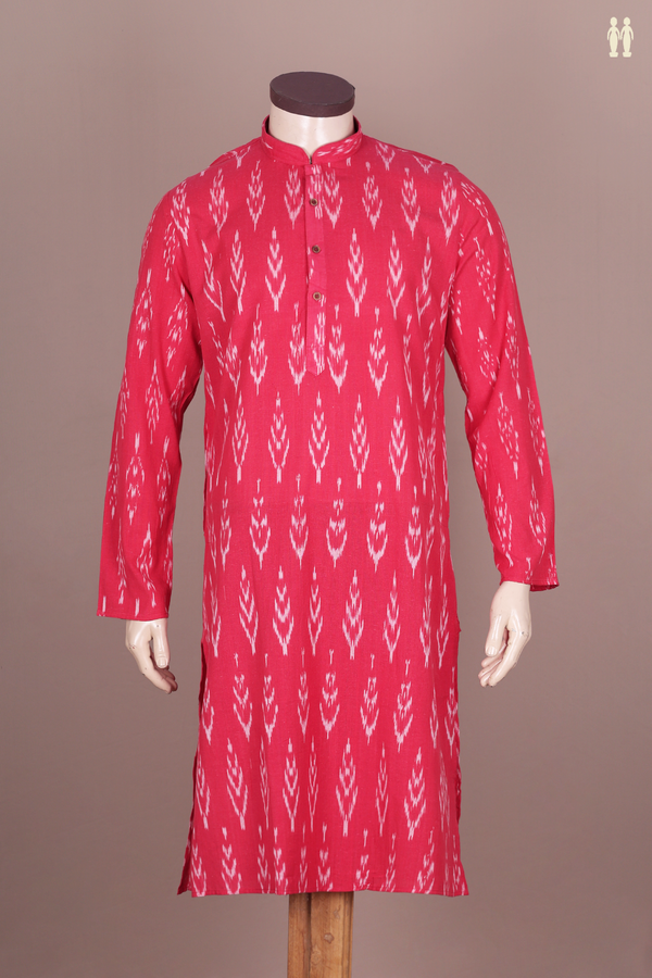 Chinese Collar Printed Design Rani Pink Cotton Long Kurta