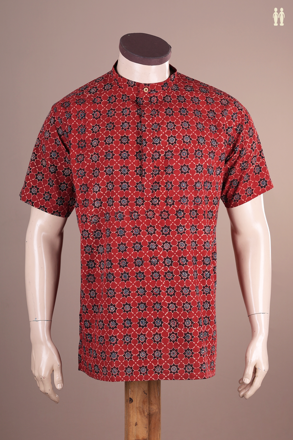 Chinese Collar Printed Design Red Ajrakh Cotton Short Kurta