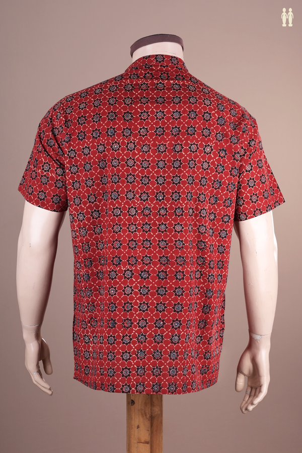 Chinese Collar Printed Design Red Ajrakh Cotton Short Kurta