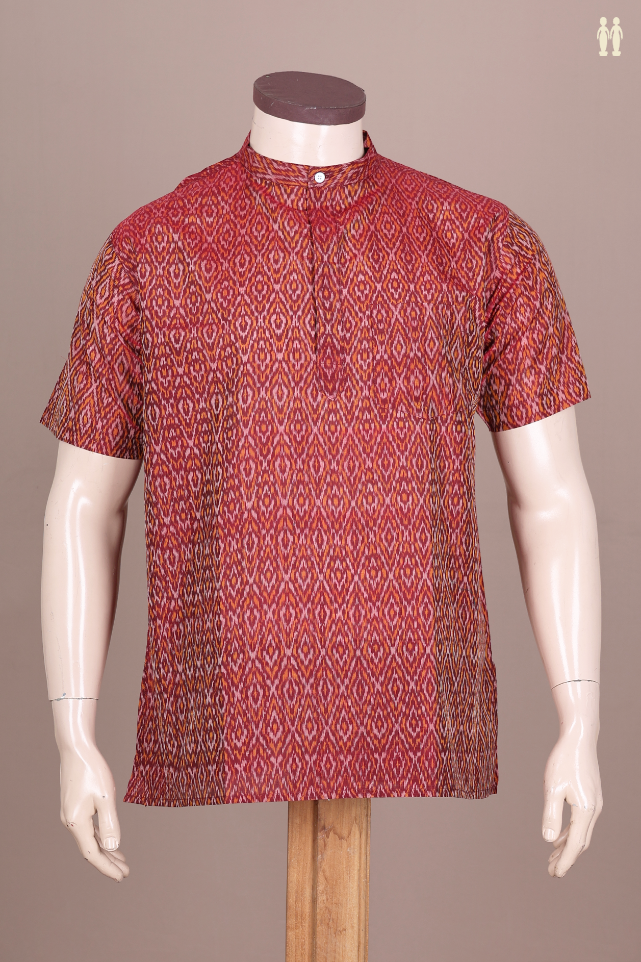 Chinese Collar Printed Design Red Silk Cotton Short Kurta