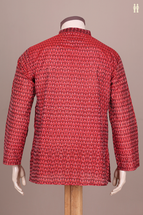 Chinese Collar Printed Design Red Silk Cotton Short Kurta